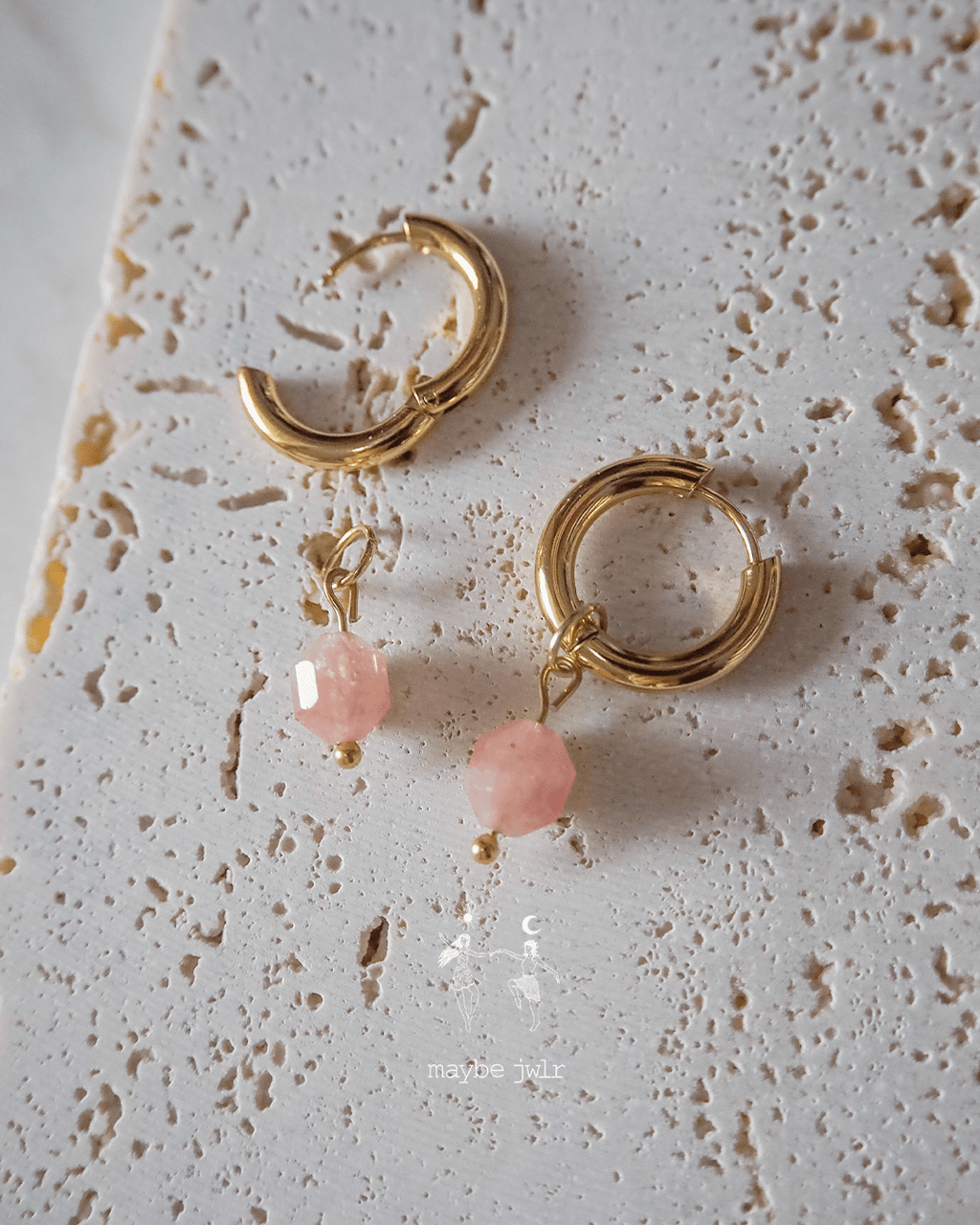 Kolczyki 2w1 z zawieszką z kamienia naturalnego kwarc truskawkowy