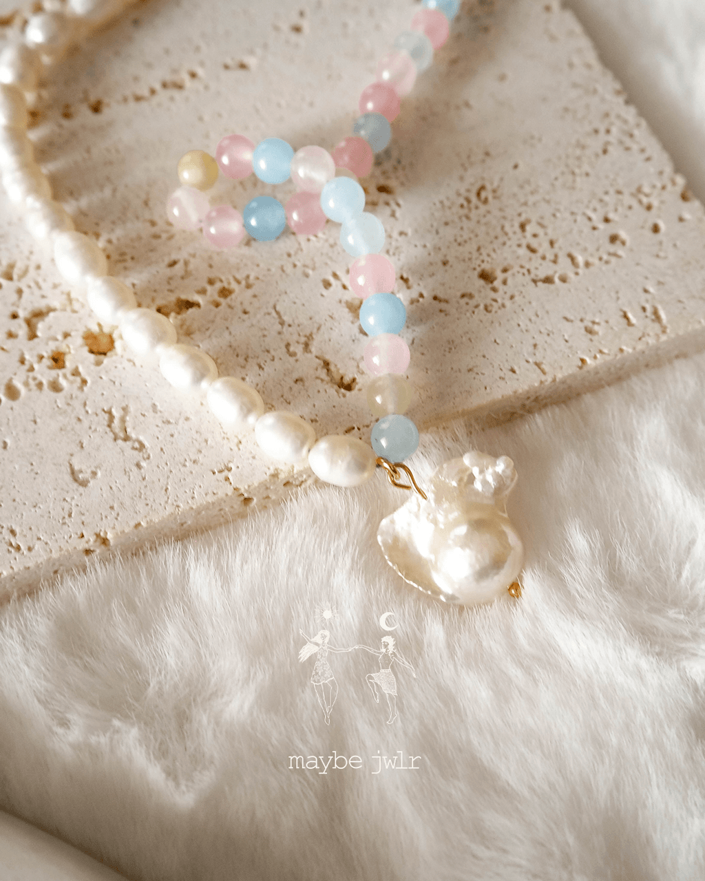 Naszyjnik z perłą barokową i jadeitem tęczowym