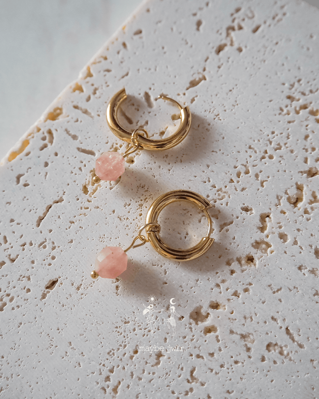 Kolczyki 2w1 z zawieszką z kamienia naturalnego kwarc truskawkowy