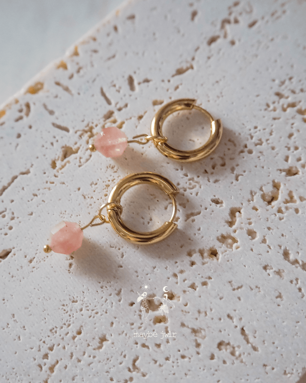 Kolczyki 2w1 z zawieszką z kamienia naturalnego kwarc truskawkowy