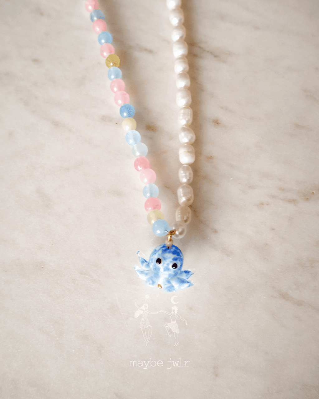 Naszyjnik Ośmiornica z perłą barokową i jadeitem tęczowym