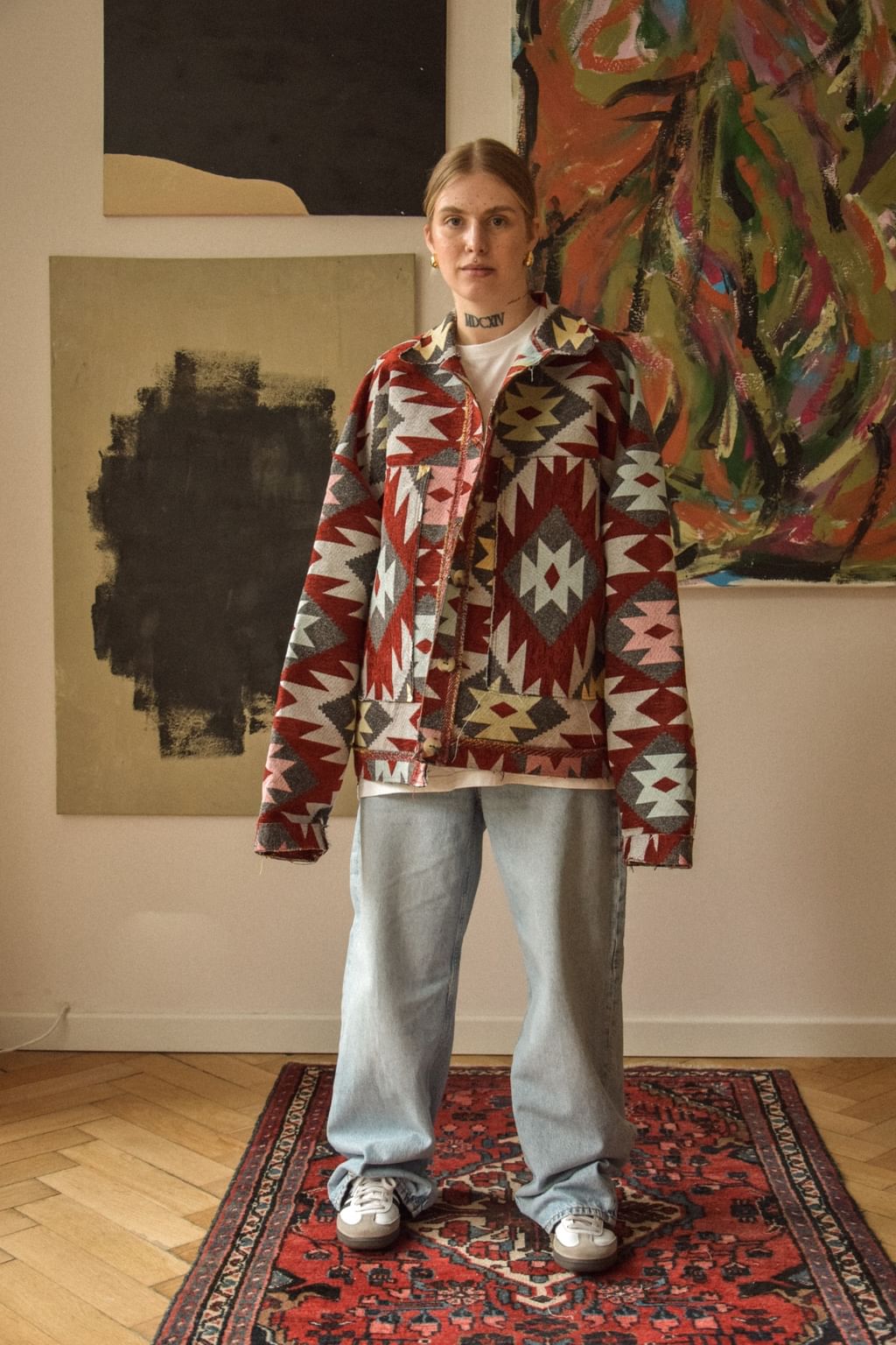 Upcycled - Kurtka koszulowa z geometrycznym tkanym patternem