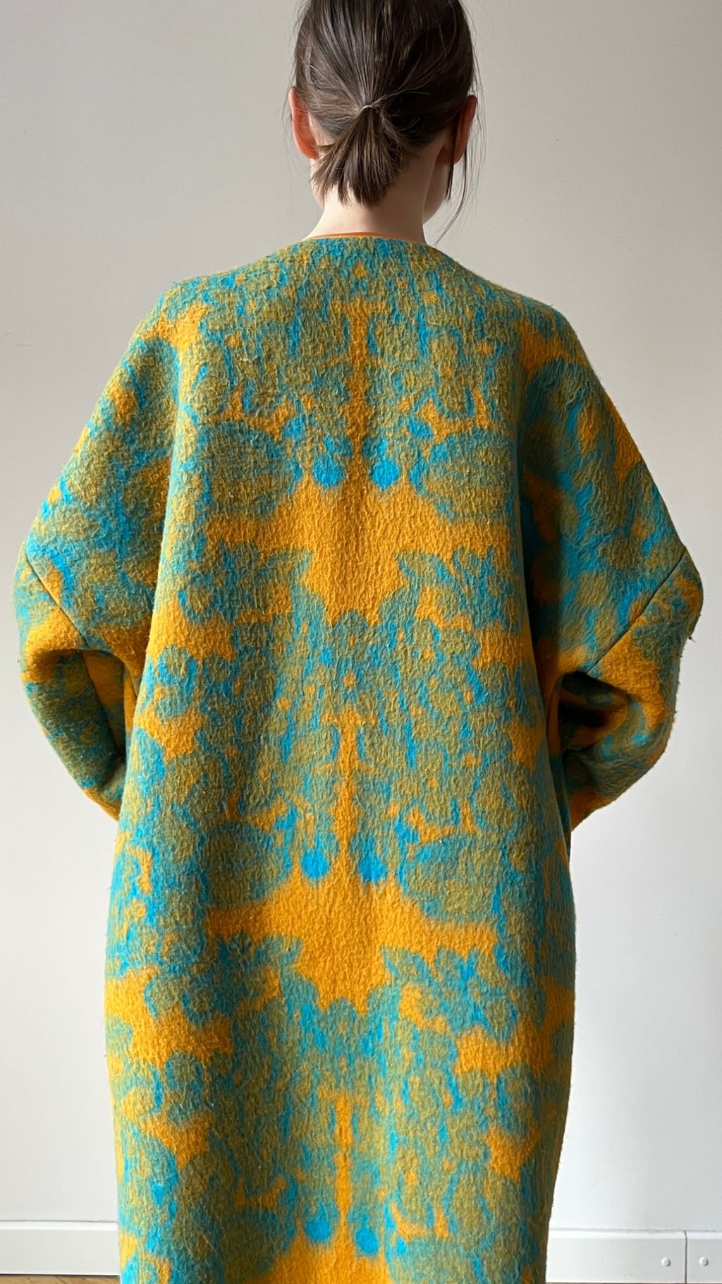 Płaszcz musztardowo turkusowy z koca vintage. 