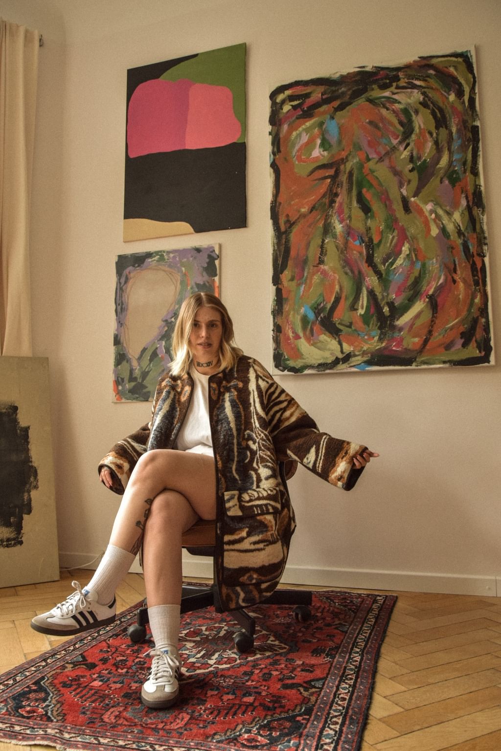 Upcycled - Kurtka z bawełnianego koca w vintagowy koci wzór