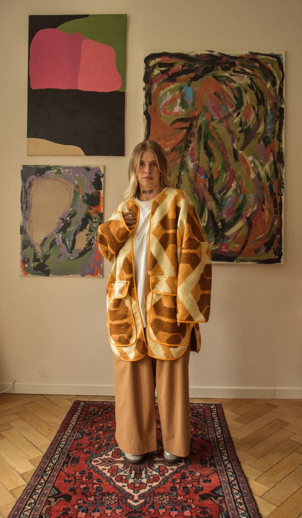 Upcycled - Kurtka z bawełnianego koca w vintagowy geometryczny wzór