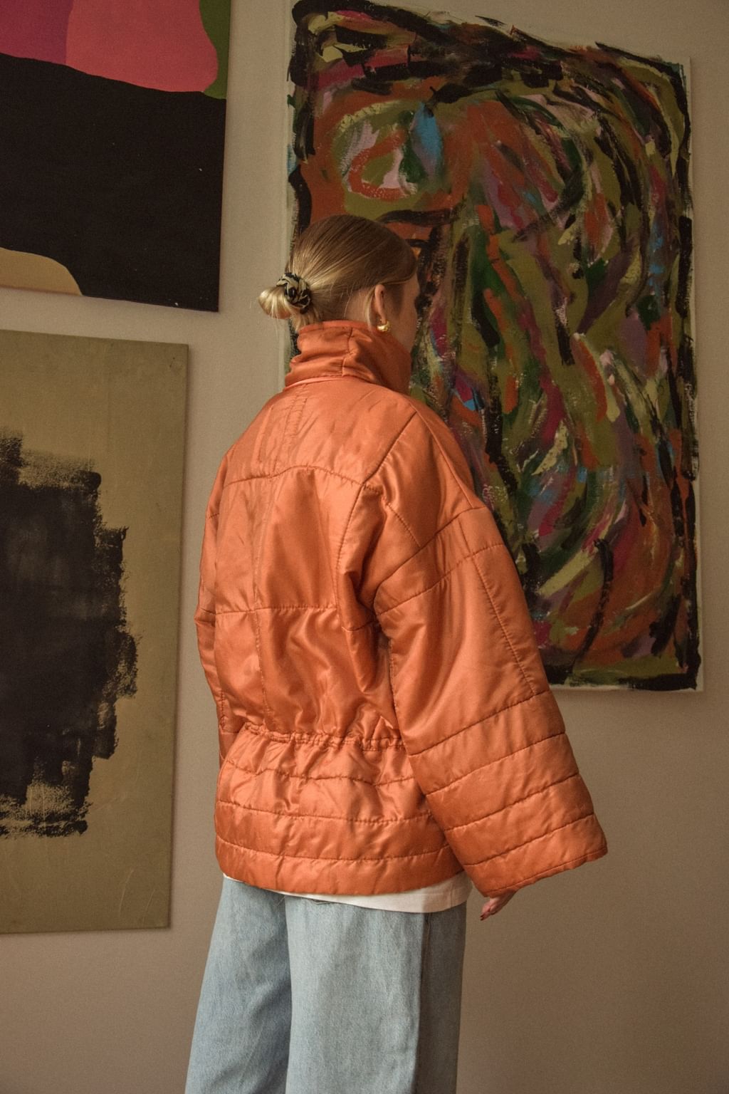 Pomarańczowa kurtka zimowa zapinana na napy z narzuty vintage 