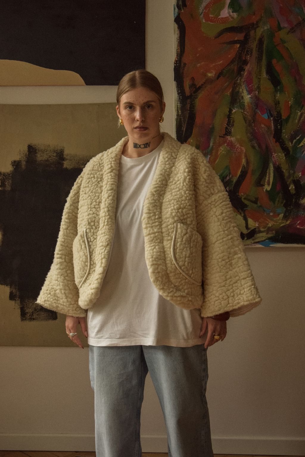 Upcycled - Kimonowa kurtka z kremowego wełny merino