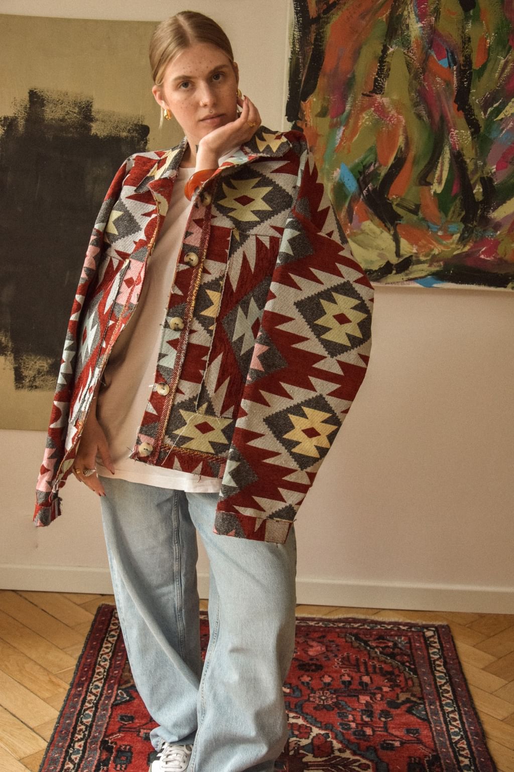 Upcycled - Kurtka koszulowa z geometrycznym tkanym patternem