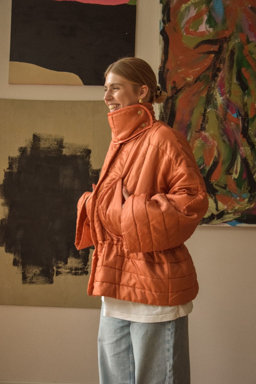 Pomarańczowa kurtka zimowa zapinana na napy z narzuty vintage 
