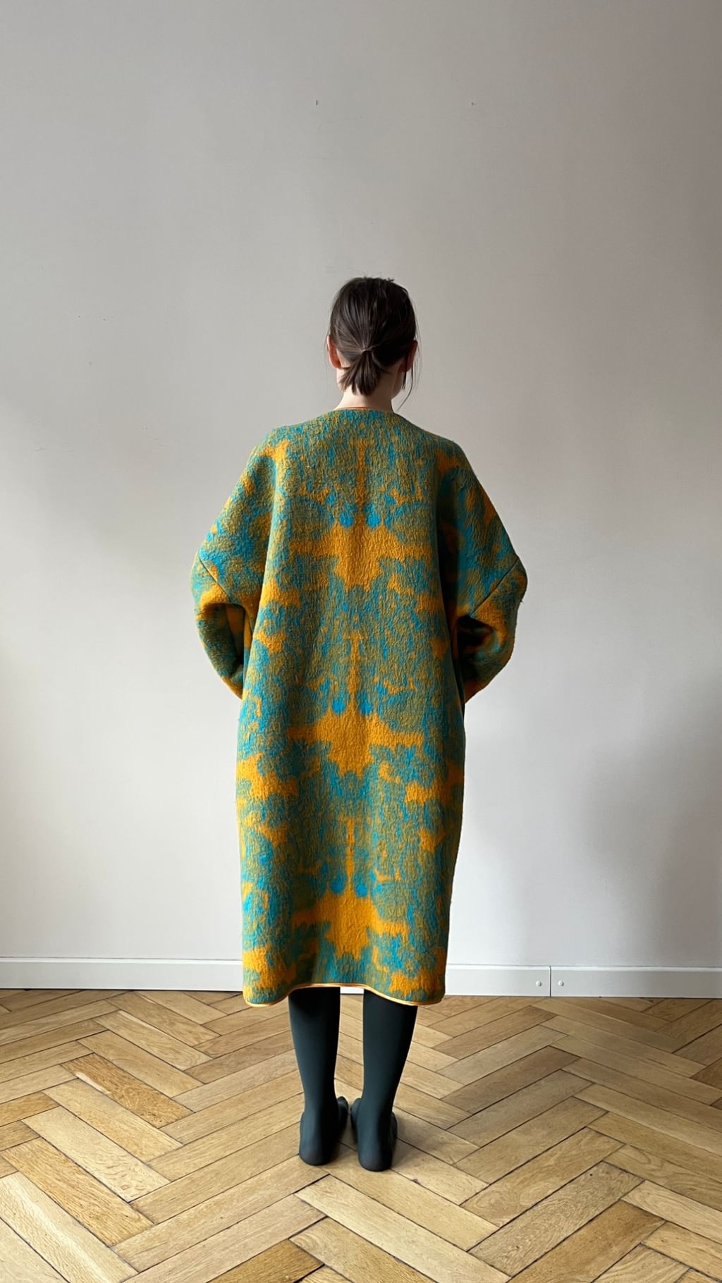 Płaszcz musztardowo turkusowy z koca vintage. 