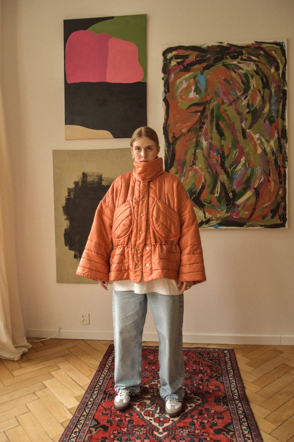 Pomarańczowa kurtka zimowa zapinana na napy z narzuty vintage 