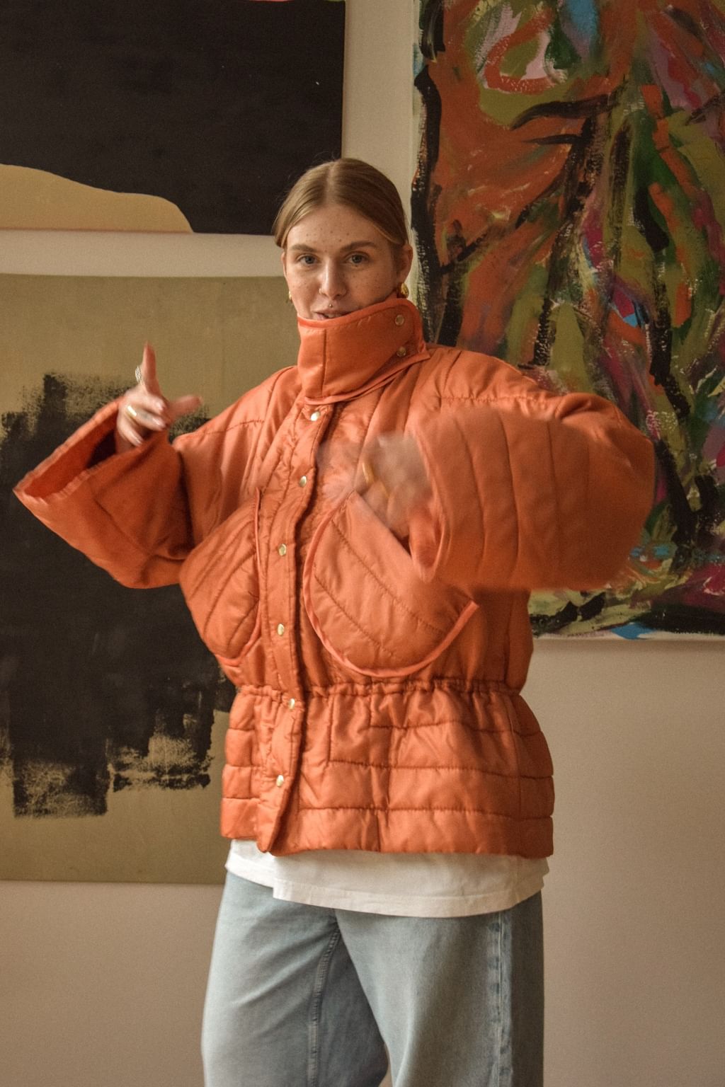 Pomarańczowa kurtka zimowa zapinana na napy z narzuty vintage 