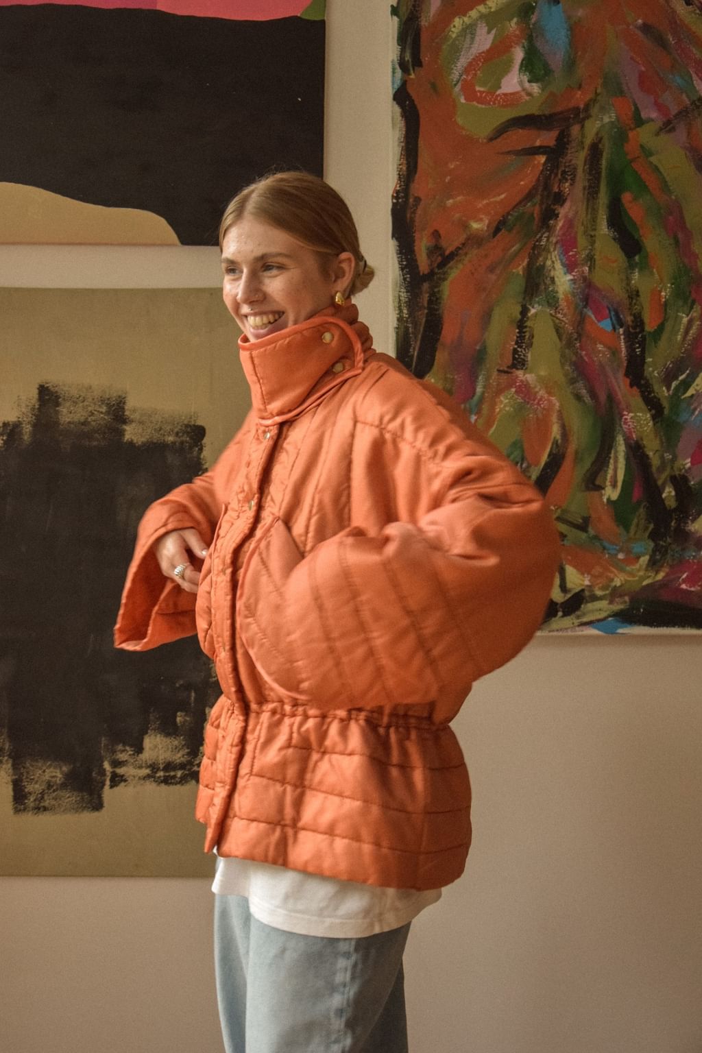 Pomarańczowa kurtka zimowa zapinana na napy z narzuty vintage 