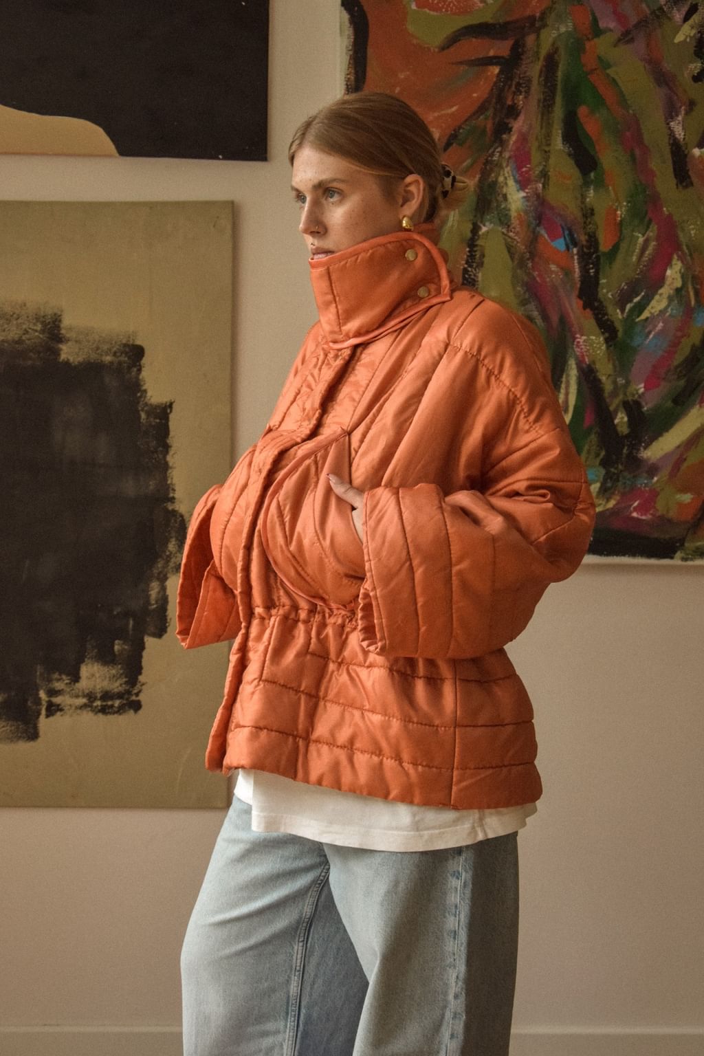 Pomarańczowa kurtka zimowa zapinana na napy z narzuty vintage 