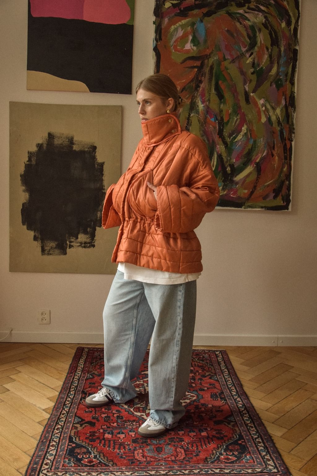 Pomarańczowa kurtka zimowa zapinana na napy z narzuty vintage 