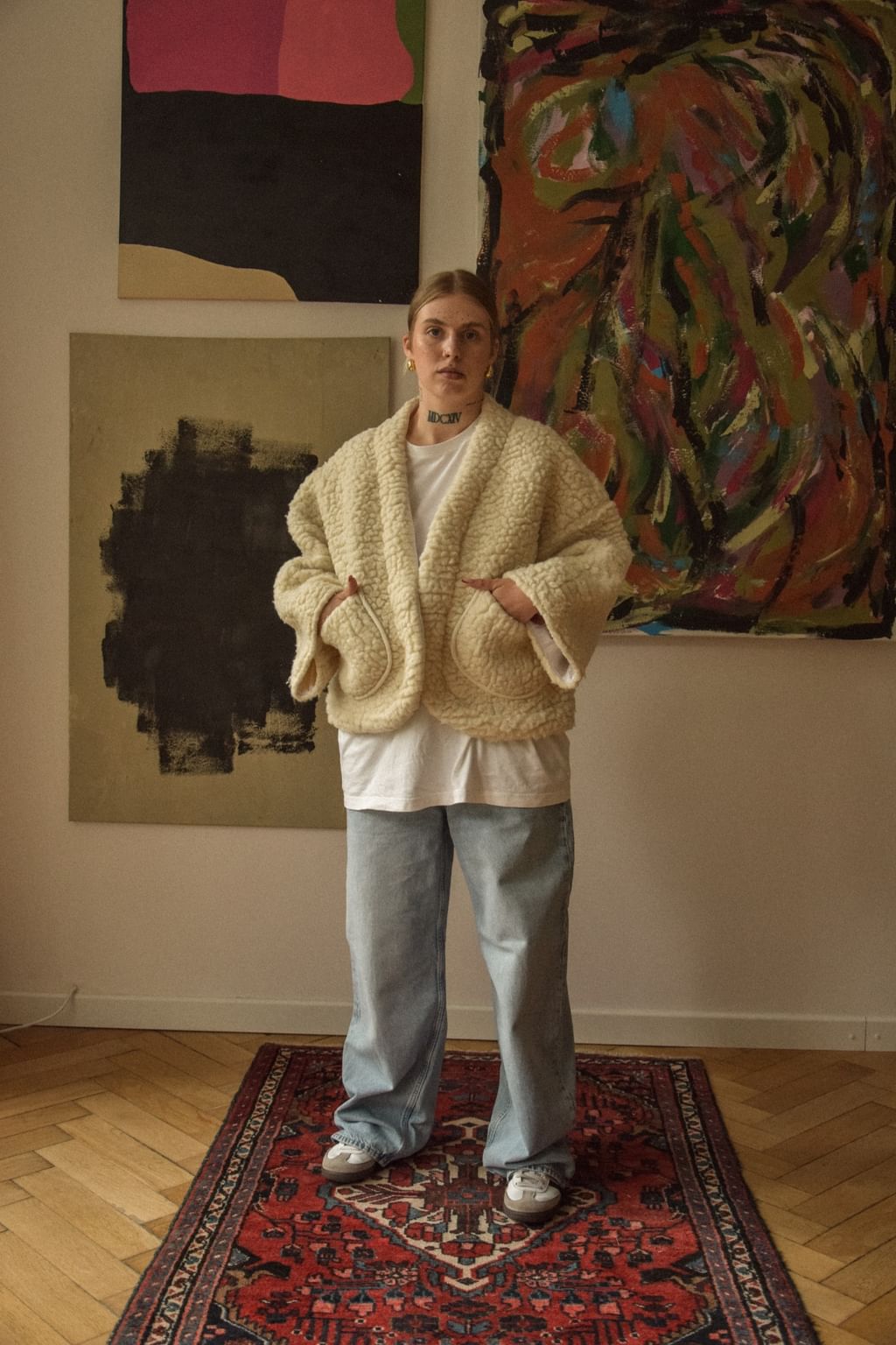 Upcycled - Kimonowa kurtka z kremowego wełny merino