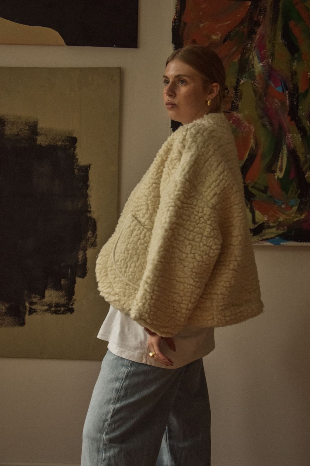 Upcycled - Kimonowa kurtka z kremowego wełny merino