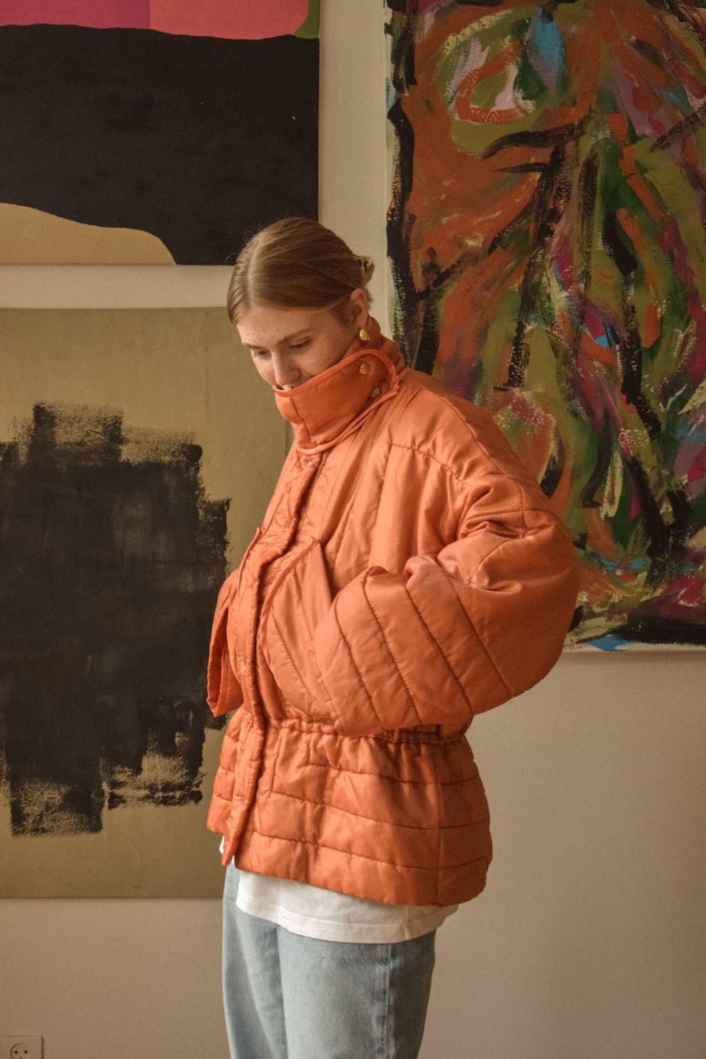 Pomarańczowa kurtka zimowa zapinana na napy z narzuty vintage 