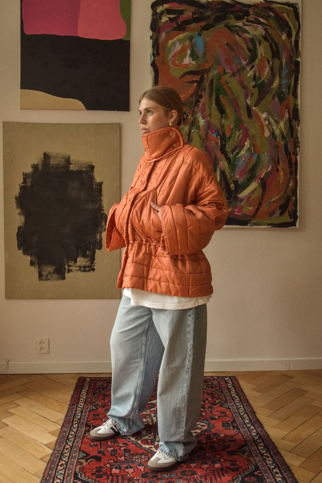 Pomarańczowa kurtka zimowa zapinana na napy z narzuty vintage 