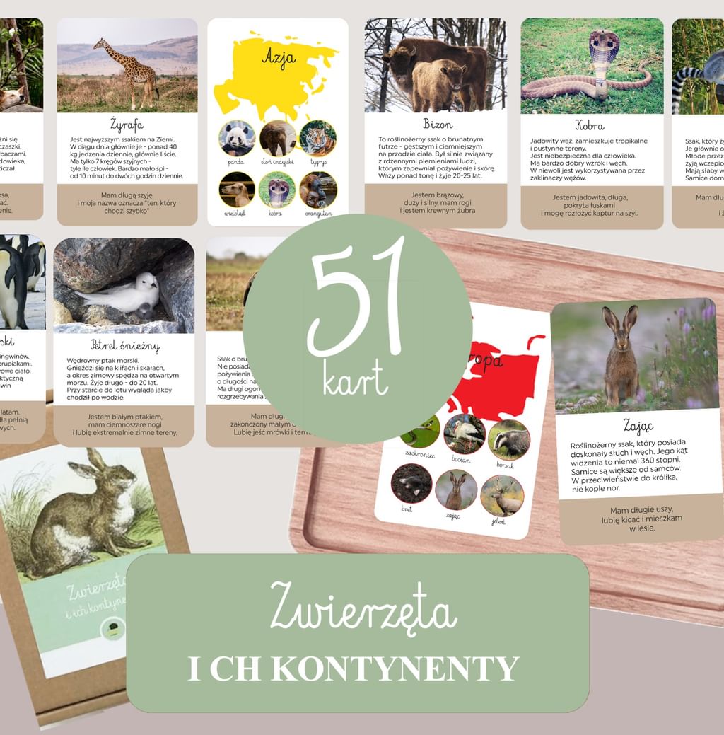 Karty edukacyjne Zwierzęta Kontynenty [PDF]